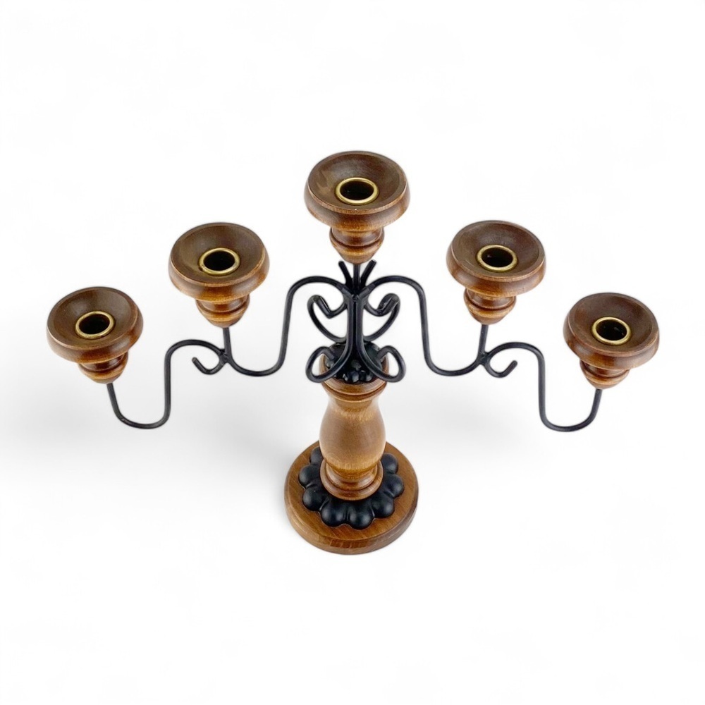 Homco Wrought Iron And Wood 5 Arm Candelabra Taper Candlestick Holders 1970s​ - Picture 2 of 5